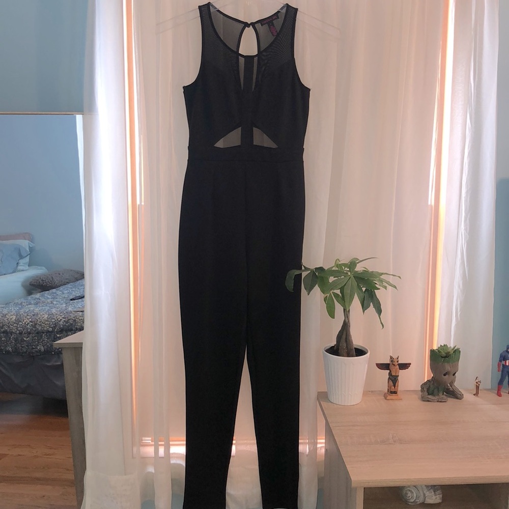 Black bodysuit with mesh cutouts